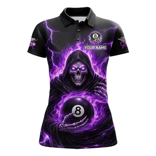 Fire Flame Grim Reaper Holding 8 Ball Pool Women  Polo & 1/4-Zip Shirt Personalized Billiard Gifts NYN2434