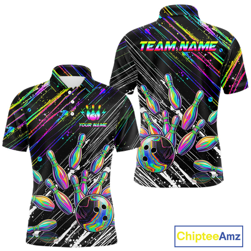 Holographic Strike Bowling Ball & Pins Jersey For Men Custom Splatter Paint Bowling Team Shirts NYN3200