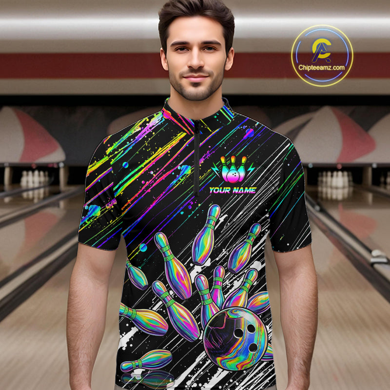 Holographic Strike Bowling Ball & Pins Jersey For Men Custom Splatter Paint Bowling Team Shirts NYN3200