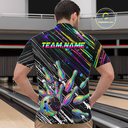 Holographic Strike Bowling Ball & Pins Jersey For Men Custom Splatter Paint Bowling Team Shirts NYN3200