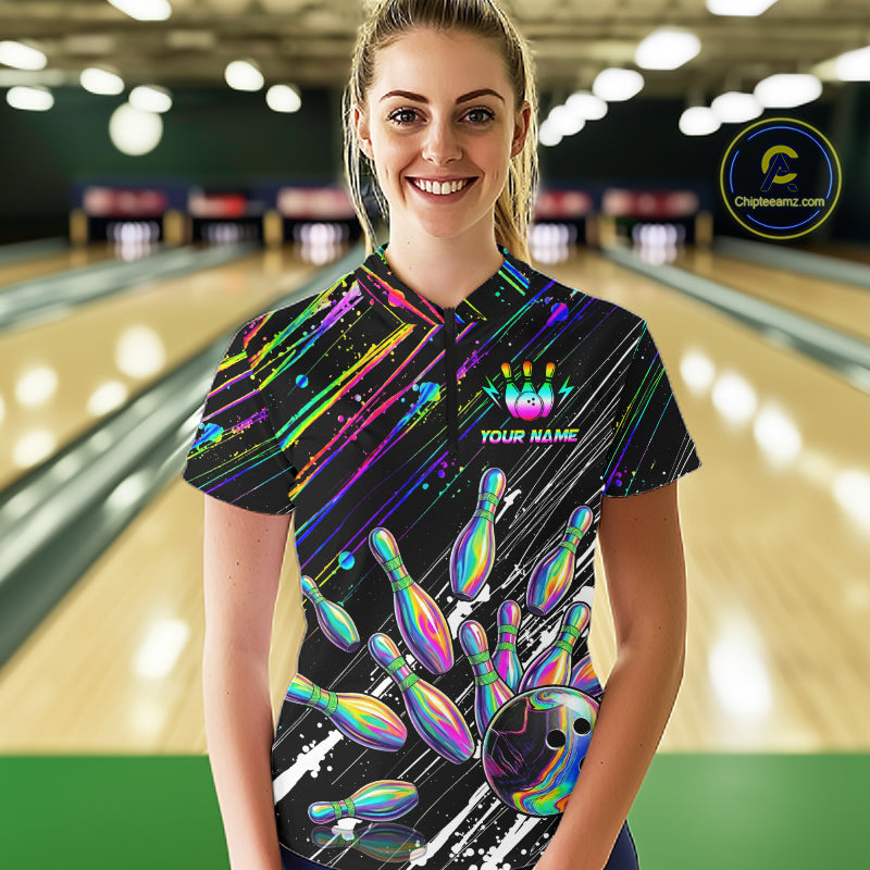 Holographic Strike Bowling Ball & Pins Jersey For Women Custom Splatter Paint Bowling Team Shirts NYN3200