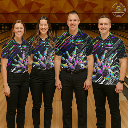 Holographic Strike Bowling Ball & Pins Jersey For Men Custom Splatter Paint Bowling Team Shirts NYN3200