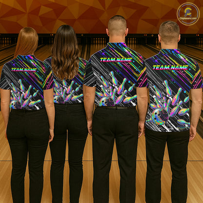 Holographic Strike Bowling Ball & Pins Jersey For Men Custom Splatter Paint Bowling Team Shirts NYN3200