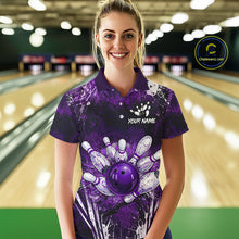 Load image into Gallery viewer, Woman wearing white purple splatter bowling ball shirt custom bowling apparel