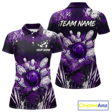 Load image into Gallery viewer, Women's white purple splatter paint bowling ball polo shirt custom bowling jersey mockup