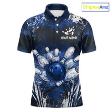 Load image into Gallery viewer, Men's white blue splatter paint bowling ball polo shirt custom bowling jersey mockup