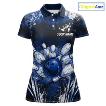 Load image into Gallery viewer, Women's white blue splatter paint bowling ball polo shirt custom bowling jersey mockup