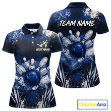Load image into Gallery viewer, Women's white blue splatter paint bowling ball polo shirt custom bowling jersey mockup