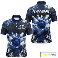 Load image into Gallery viewer, Men's white blue splatter paint bowling ball polo shirt custom bowling jersey mockup