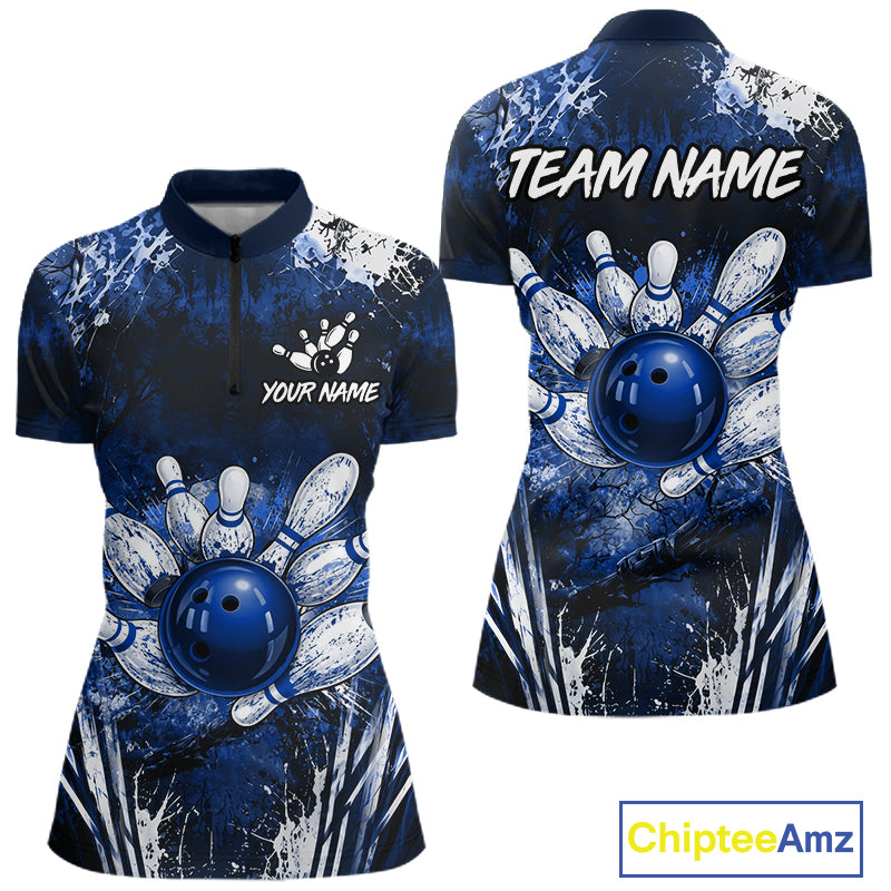 Women's white blue splatter bowling ball quarter zip bowling shirt mockup