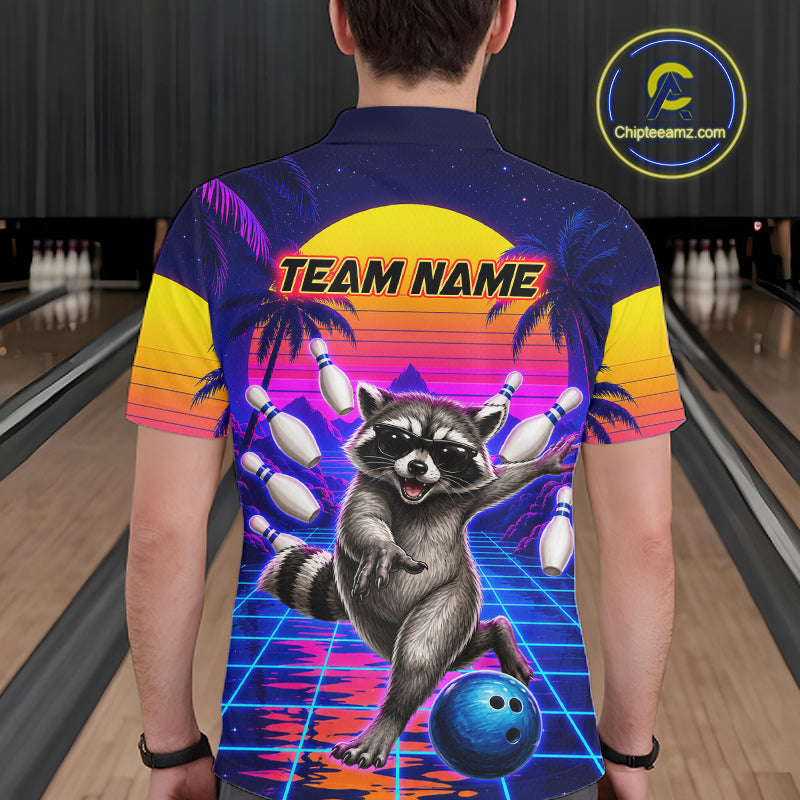 Man wearing funny raccoon bowling shirt custom summer bowling apparel