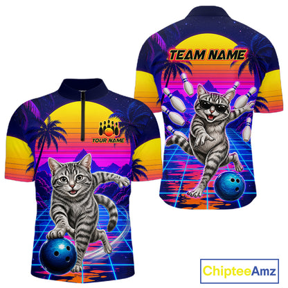 Funny cat quarter zip bowling shirt for men custom bowling jersey mockup