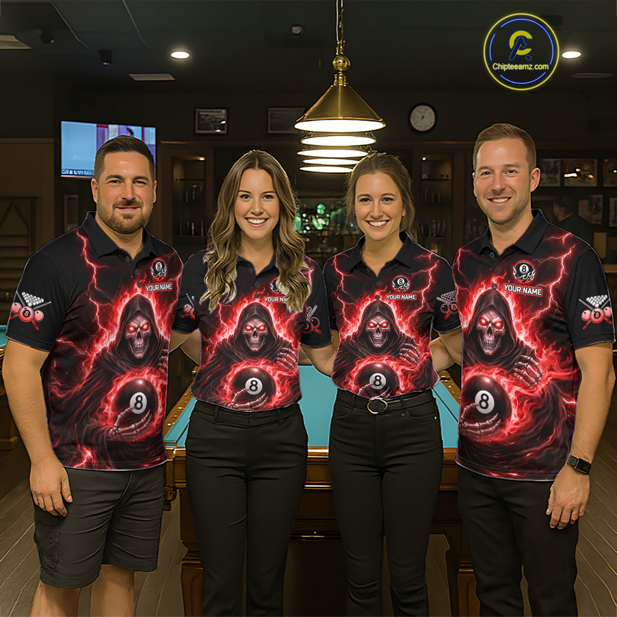 Red Flames Grim Reaper Holding 8 Ball Pool Women Polo & 1/4-Zip Shirt Personalized Billiard Gifts NYN2662