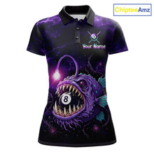 Load image into Gallery viewer, Custom Name Anglerfish women's billiard polo featuring Purple Thunder lightning, fierce deep-sea anglerfish, personalized 8 Ball pool tournament jersey, APA BCA VNEA cue sports apparel, moisture-wicking athletic polo, custom billiard league uniform, ocean wildlife performance shirt