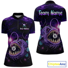 Load image into Gallery viewer, Custom Name Anglerfish women's quarter-zip billiard jersey featuring Purple Thunder lightning, deep-sea anglerfish artwork, personalized pool tournament shirt, premium cue sports apparel, championship performance quarter-zip uniform