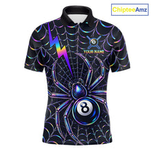 Load image into Gallery viewer, Rainbow Neon Web men's billiard polo featuring neon spider graphics, personalized 8 Ball cue sports jersey, custom pool tournament apparel, championship performance clothing with vibrant artistic design