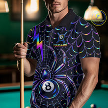 Load image into Gallery viewer, Male model wearing Rainbow Neon Spider pool jersey featuring vibrant spider web graphics, personalized tournament apparel, cue sports performance clothing inspired by fantasy art, gaming and streetwear