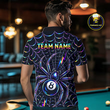 Load image into Gallery viewer, Male model wearing Rainbow Neon Spider pool jersey featuring vibrant spider web graphics, personalized tournament apparel, cue sports performance clothing inspired by fantasy art, gaming and streetwear