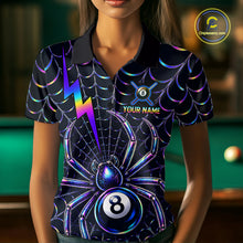Load image into Gallery viewer, Female model wearing Rainbow Neon Spider billiard polo featuring personalized 8 Ball jersey, colorful cue sports apparel, modern neon artwork, performance clothing for APA, BCA and league competition