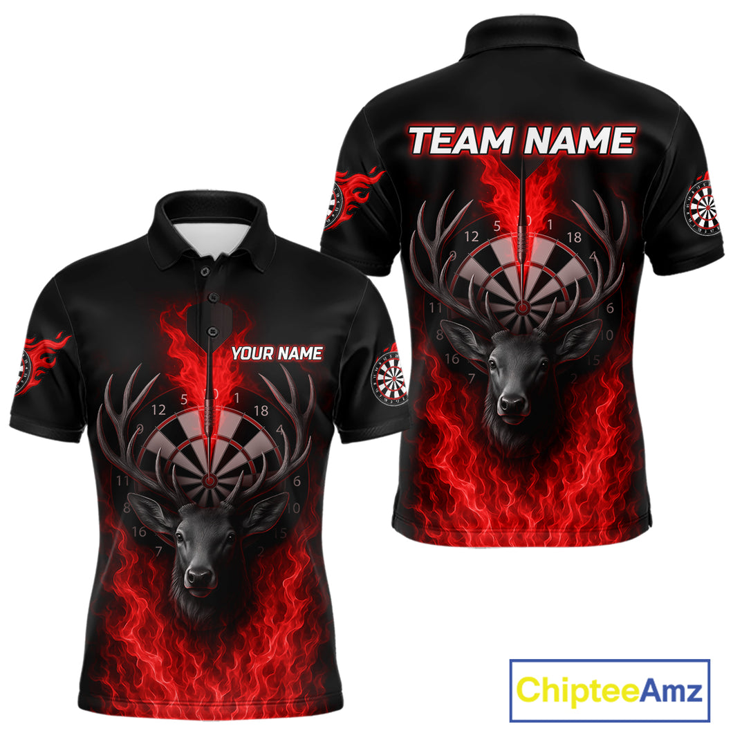 Custom Red Flames Dartboard Deer Funny Dart Men Polo Shirt Dart Team Jerseys NYN1633