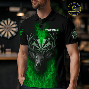Custom Green Flames Dartboard Deer Funny Dart Men Polo Shirt Dart Team Jerseys NYN1634