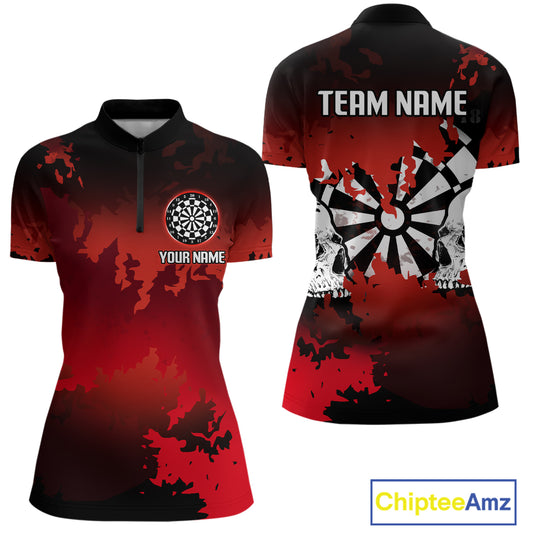 Women's Custom Darts Shirt With Grunge Red Camo Broken Dartboard & Skull Art NYN0269