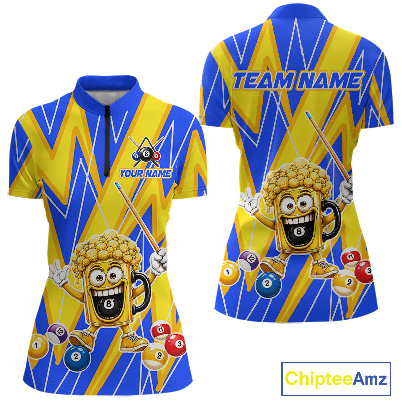 Yellow And Blue Funny Beer Billiard Shirt For Women Custom 8 Ball Pool Polo & 1/4 Zip Jersey NYN3781