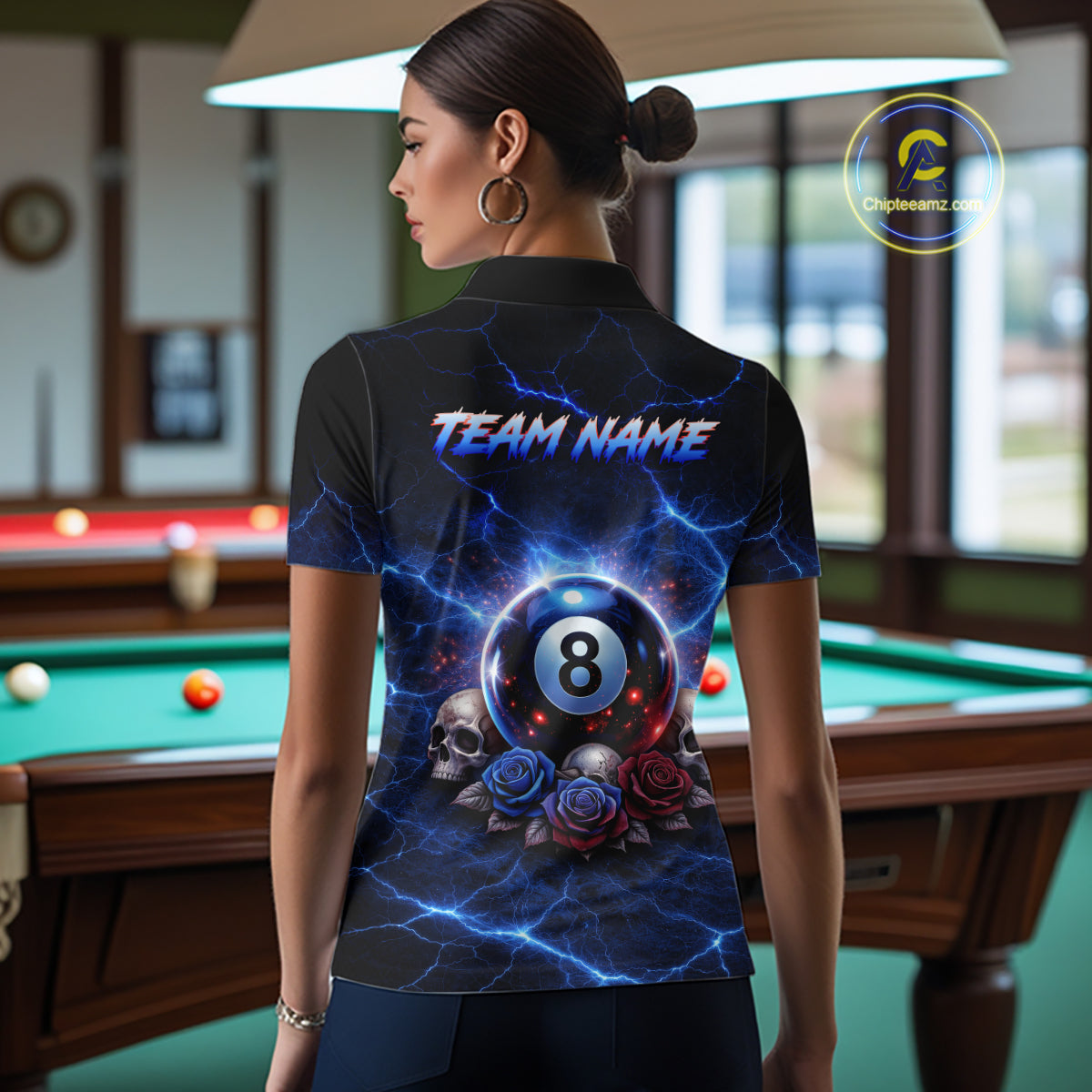 Custom Dragon Roses 8 Ball Billiard Pool Shirt For Women Thunder Blue Red Skull Team Billiard Jersey NYN3068
