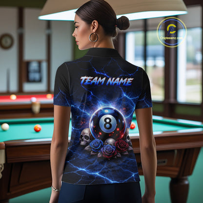 Custom Dragon Roses 8 Ball Billiard Pool Shirt For Women Thunder Blue Red Skull Team Billiard Jersey NYN3068