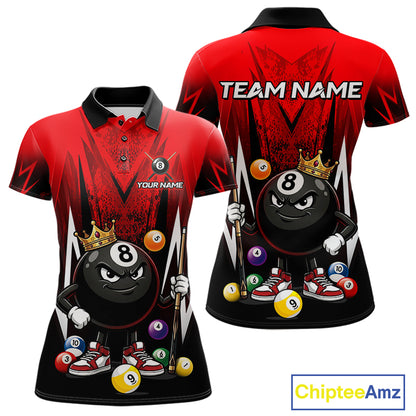 Black & Red Funny Crown 8 Ball Billiard Shirt For Women Custom 8 Ball Pool Polo & 1/4 Zip Jersey NYN3787