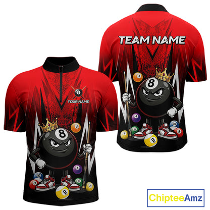 Black & Red Funny Crown 8 Ball Billiard Shirt For Men Custom 8 Ball Pool Polo & 1/4 Zip Jersey NYN3787