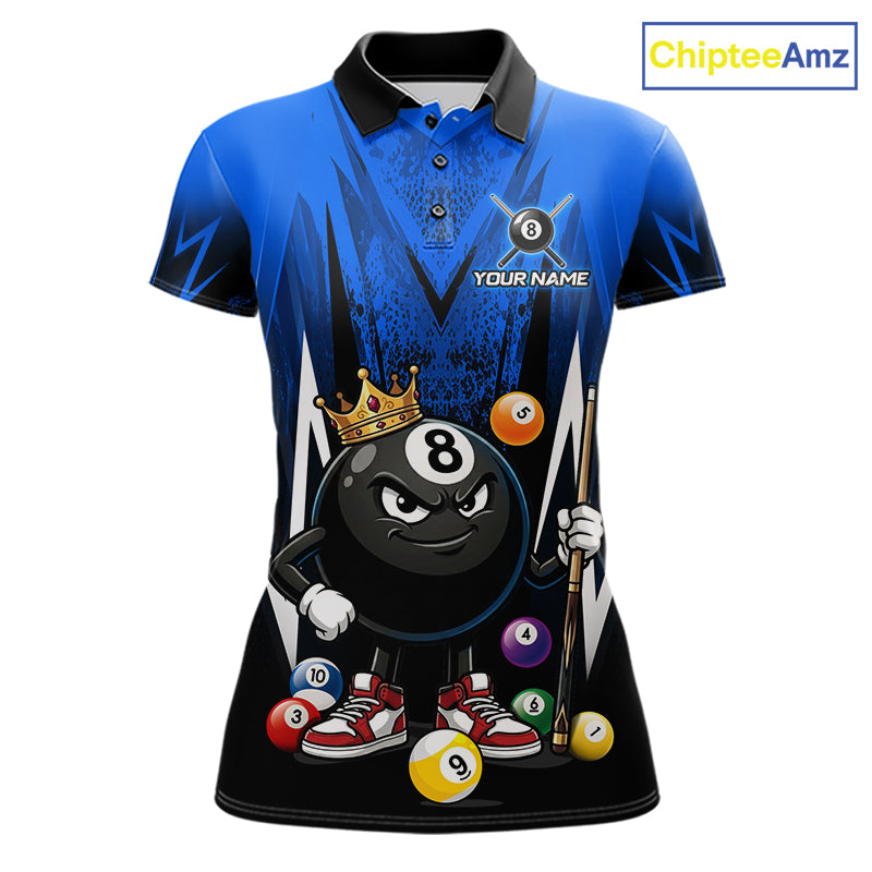 Black & Blue Funny Crown 8 Ball Billiard Shirt For Women Custom 8 Ball Pool Polo & 1/4 Zip Jersey NYN3788