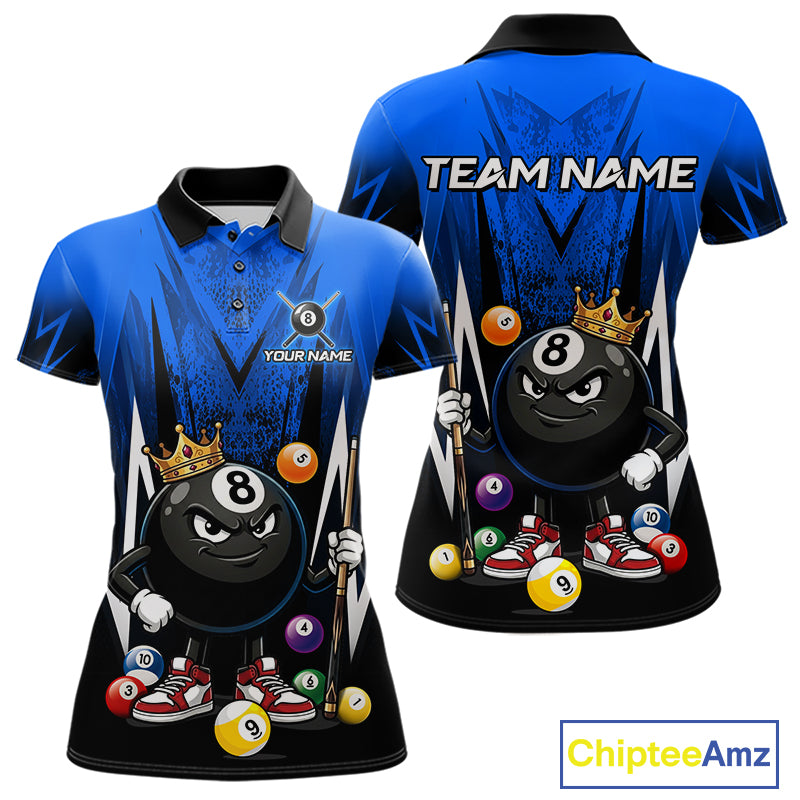 Black & Blue Funny Crown 8 Ball Billiard Shirt For Women Custom 8 Ball Pool Polo & 1/4 Zip Jersey NYN3788