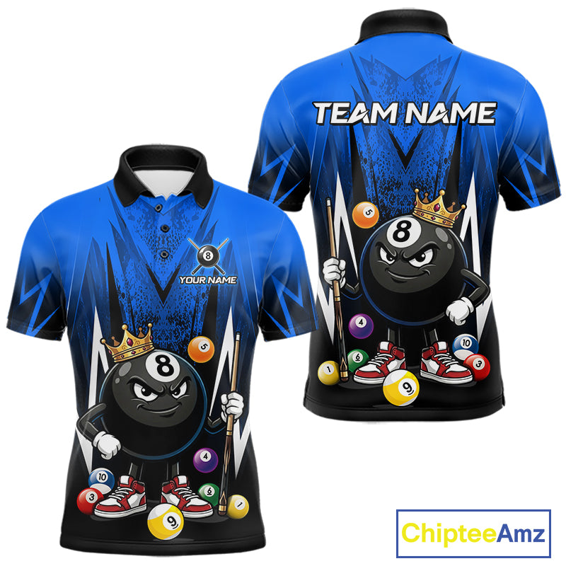 Black & Blue Funny Crown 8 Ball Billiard Shirt For Men Custom 8 Ball Pool Polo & 1/4 Zip Jersey NYN3788