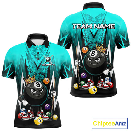 Black & Turquoise Funny Crown 8 Ball Billiard Shirt For Men Custom 8 Ball Pool Polo & 1/4 Zip Jersey NYN3789