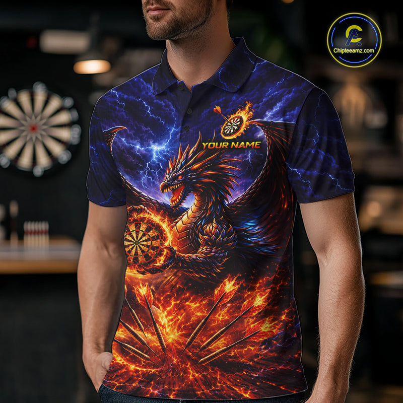 Blue And Red Flame Dragon Darts Polo Quarter-Zip Shirts For Men Custom Dragon Darts Team Jersey NYN4082