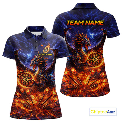 Blue And Red Flame Dragon Darts Polo Quarter-Zip Shirts For Women Custom Dragon Darts Team Jersey NYN4082