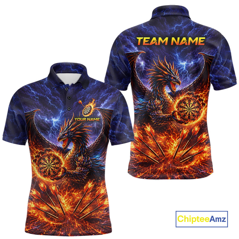 Blue And Red Flame Dragon Darts Polo Quarter-Zip Shirts For Men Custom Dragon Darts Team Jersey NYN4082