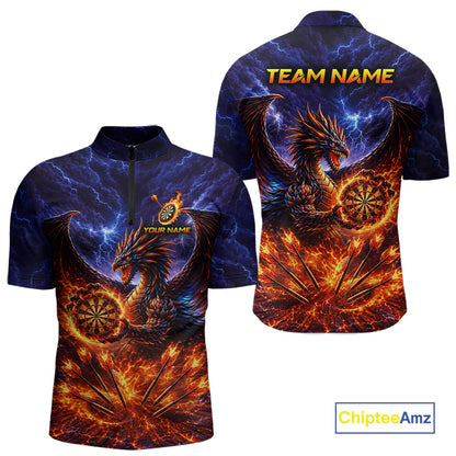 Blue And Red Flame Dragon Darts Polo Quarter-Zip Shirts For Men Custom Dragon Darts Team Jersey NYN4082