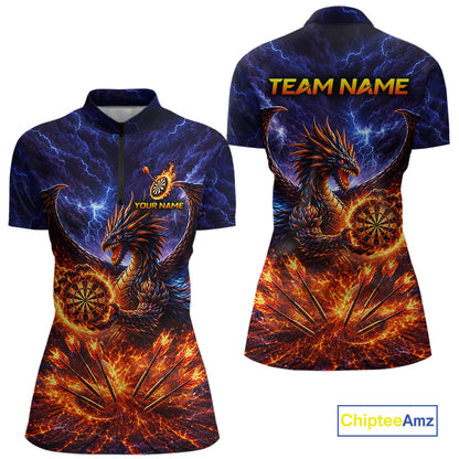 Blue And Red Flame Dragon Darts Polo Quarter-Zip Shirts For Women Custom Dragon Darts Team Jersey NYN4082