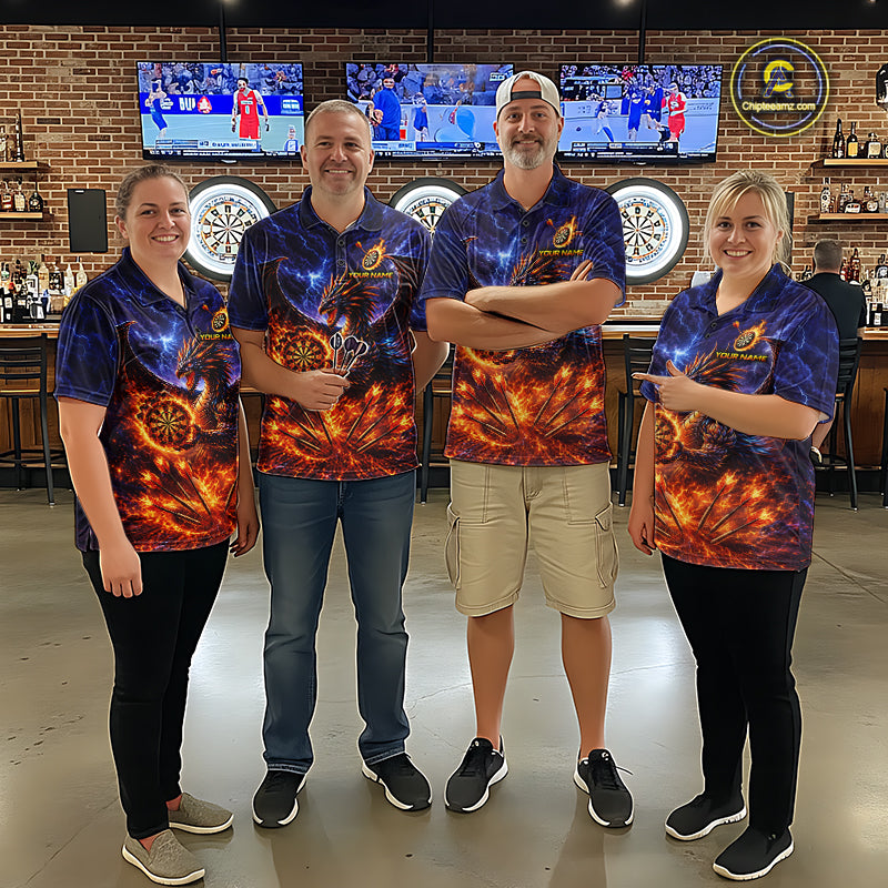 Blue And Red Flame Dragon Darts Polo Quarter-Zip Shirts For Men Custom Dragon Darts Team Jersey NYN4082