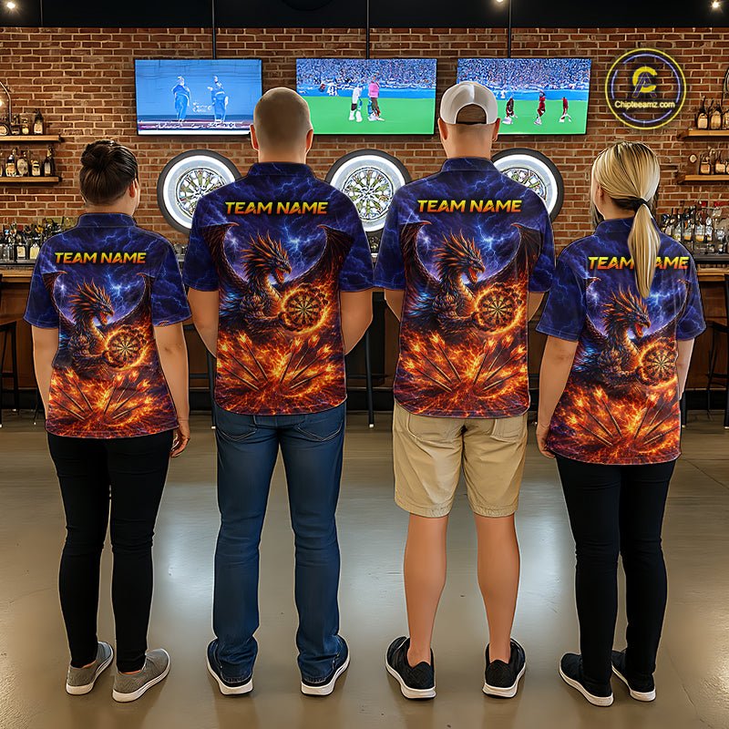 Blue And Red Flame Dragon Darts Polo Quarter-Zip Shirts For Men Custom Dragon Darts Team Jersey NYN4082