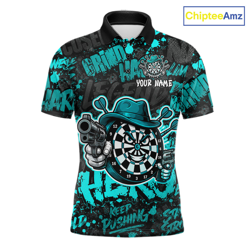 Black & Teal Graffiti Dartboard Cowboy Gun Men Darts Polo 1/4 Zip Shirts Custom Darts Team Jersey NYN4086