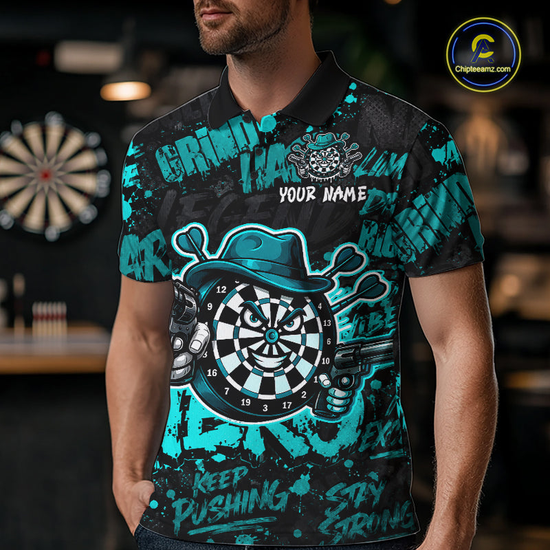 Black & Teal Graffiti Dartboard Cowboy Gun Men Darts Polo 1/4 Zip Shirts Custom Darts Team Jersey NYN4086