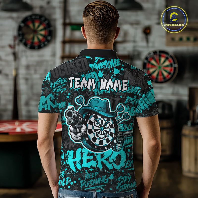 Black & Teal Graffiti Dartboard Cowboy Gun Men Darts Polo 1/4 Zip Shirts Custom Darts Team Jersey NYN4086