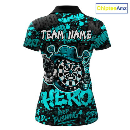 Black & Teal Graffiti Dartboard Cowboy Gun Women Darts Polo 1/4 Zip Shirts Custom Darts Team Jersey NYN4086