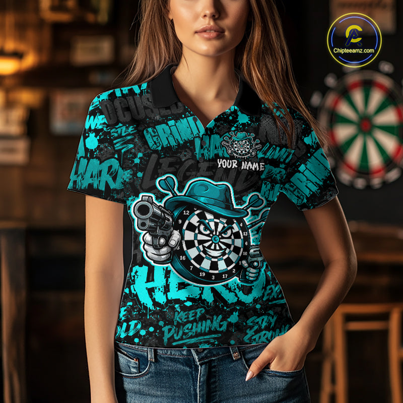 Black & Teal Graffiti Dartboard Cowboy Gun Women Darts Polo 1/4 Zip Shirts Custom Darts Team Jersey NYN4086