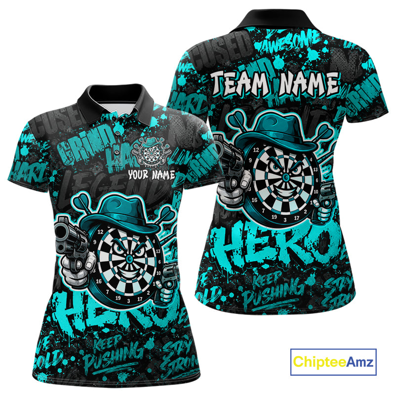 Black & Teal Graffiti Dartboard Cowboy Gun Women Darts Polo 1/4 Zip Shirts Custom Darts Team Jersey NYN4086