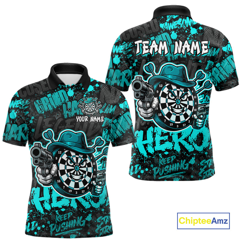 Black & Teal Graffiti Dartboard Cowboy Gun Men Darts Polo 1/4 Zip Shirts Custom Darts Team Jersey NYN4086