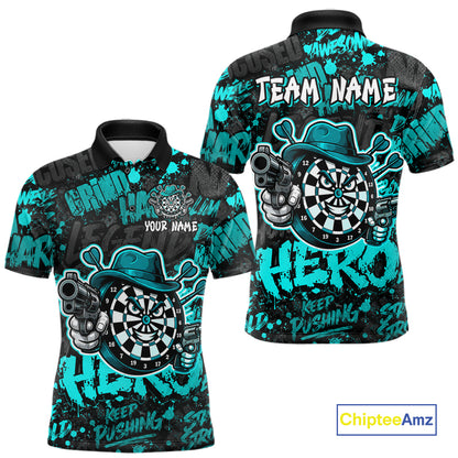 Black & Teal Graffiti Dartboard Cowboy Gun Men Darts Polo 1/4 Zip Shirts Custom Darts Team Jersey NYN4086